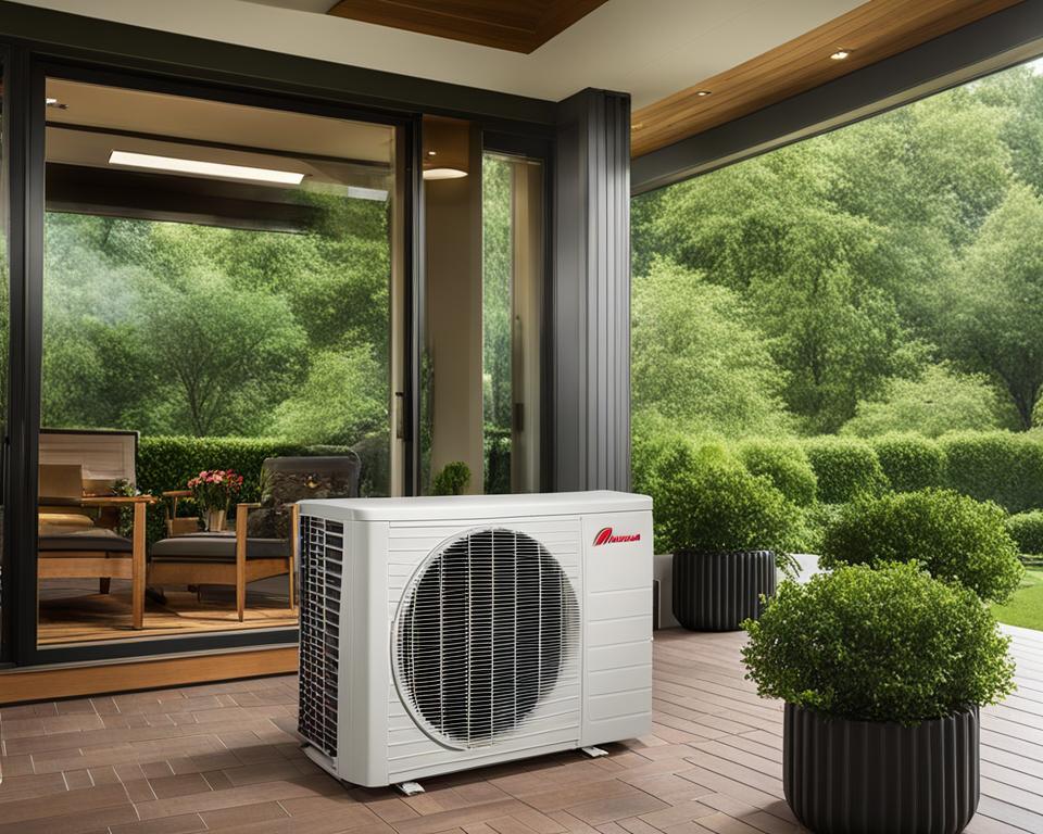 Amana air conditioner with a heat pump, surrounded by greenery.